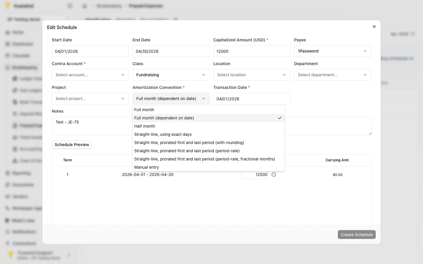 Screenshot showing amortization convention options in the schedule form
