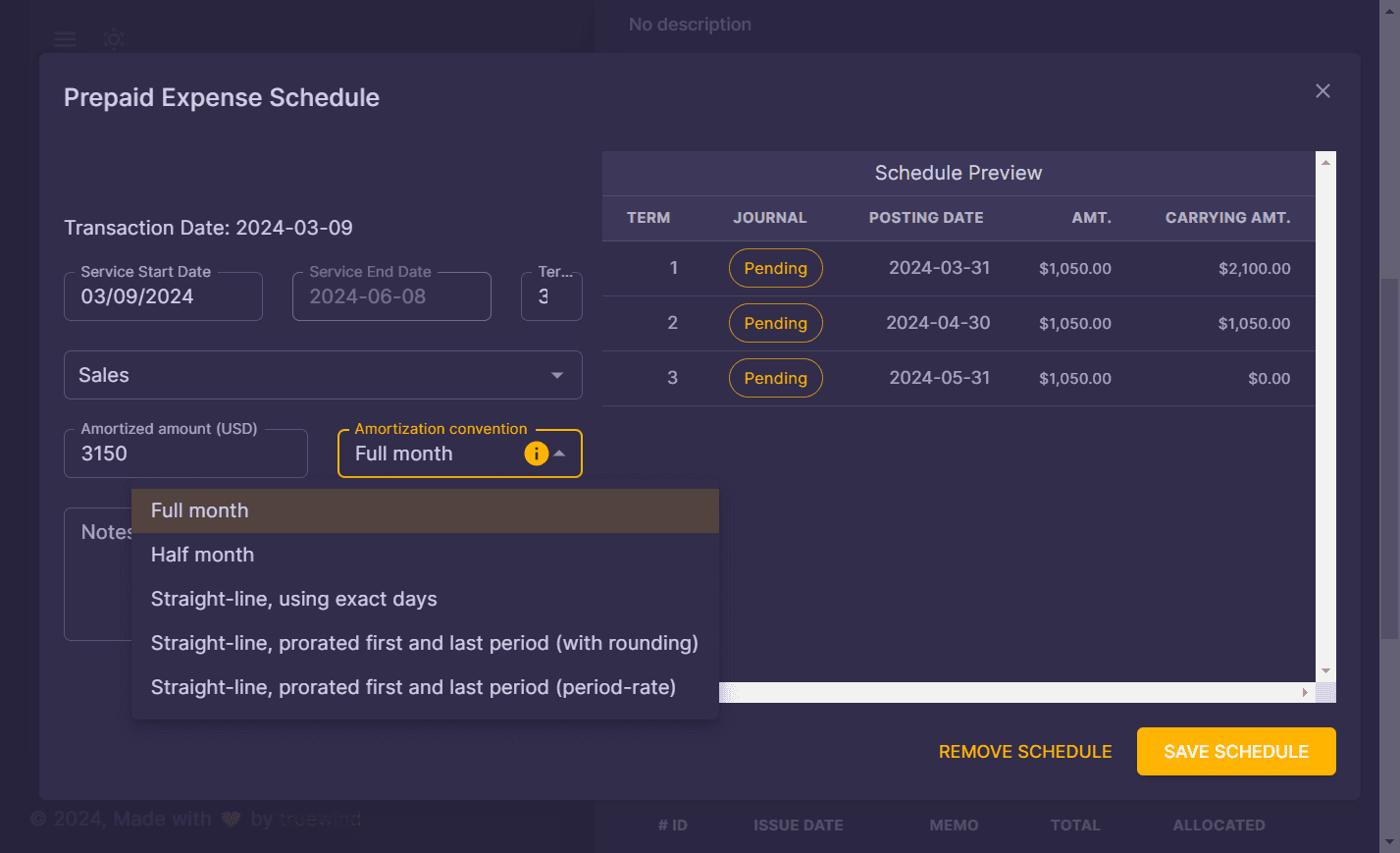 Screenshot showing Select the Amortization convention method