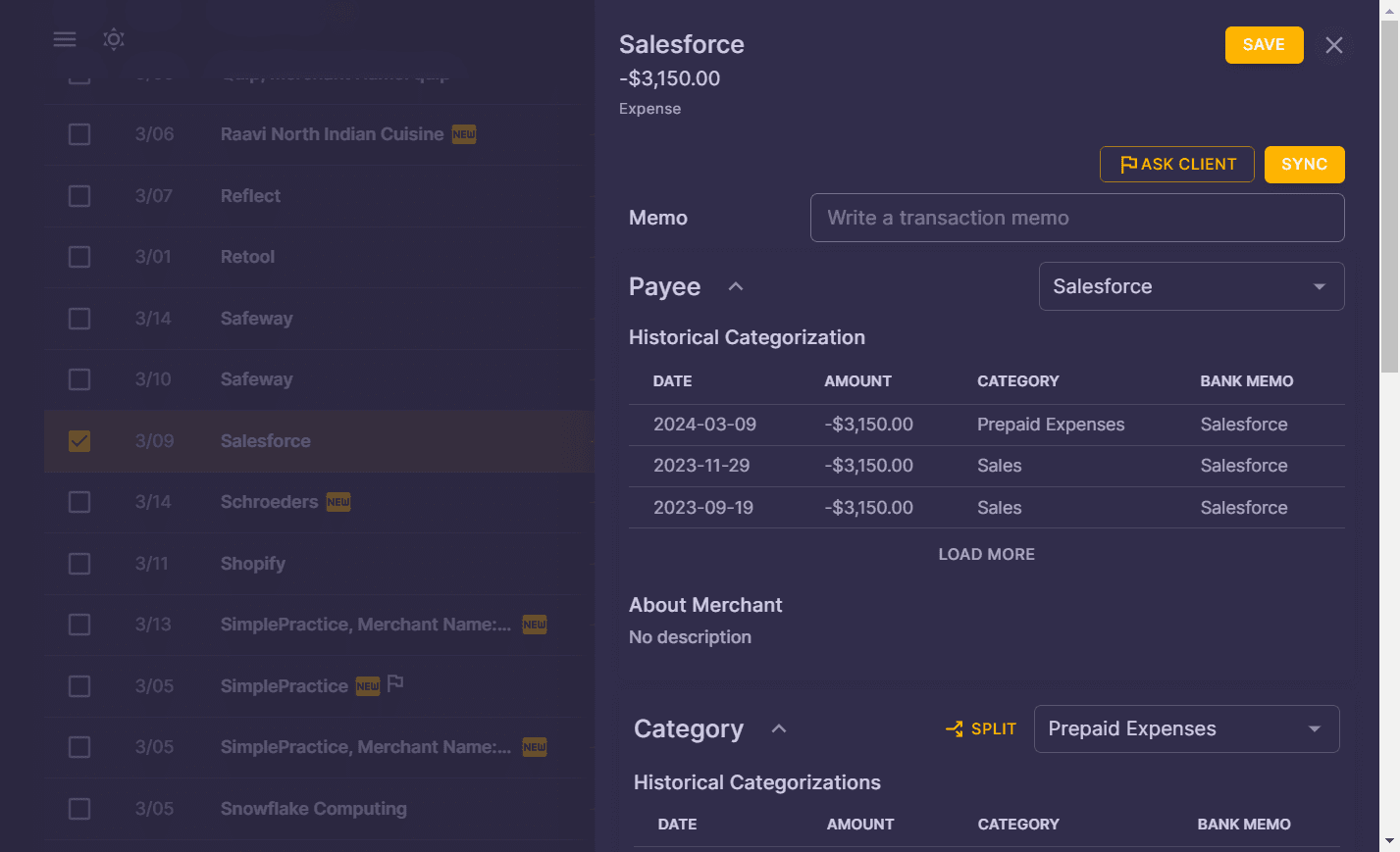 Screenshot showing Select Close button to exit the Transaction Side Panel
