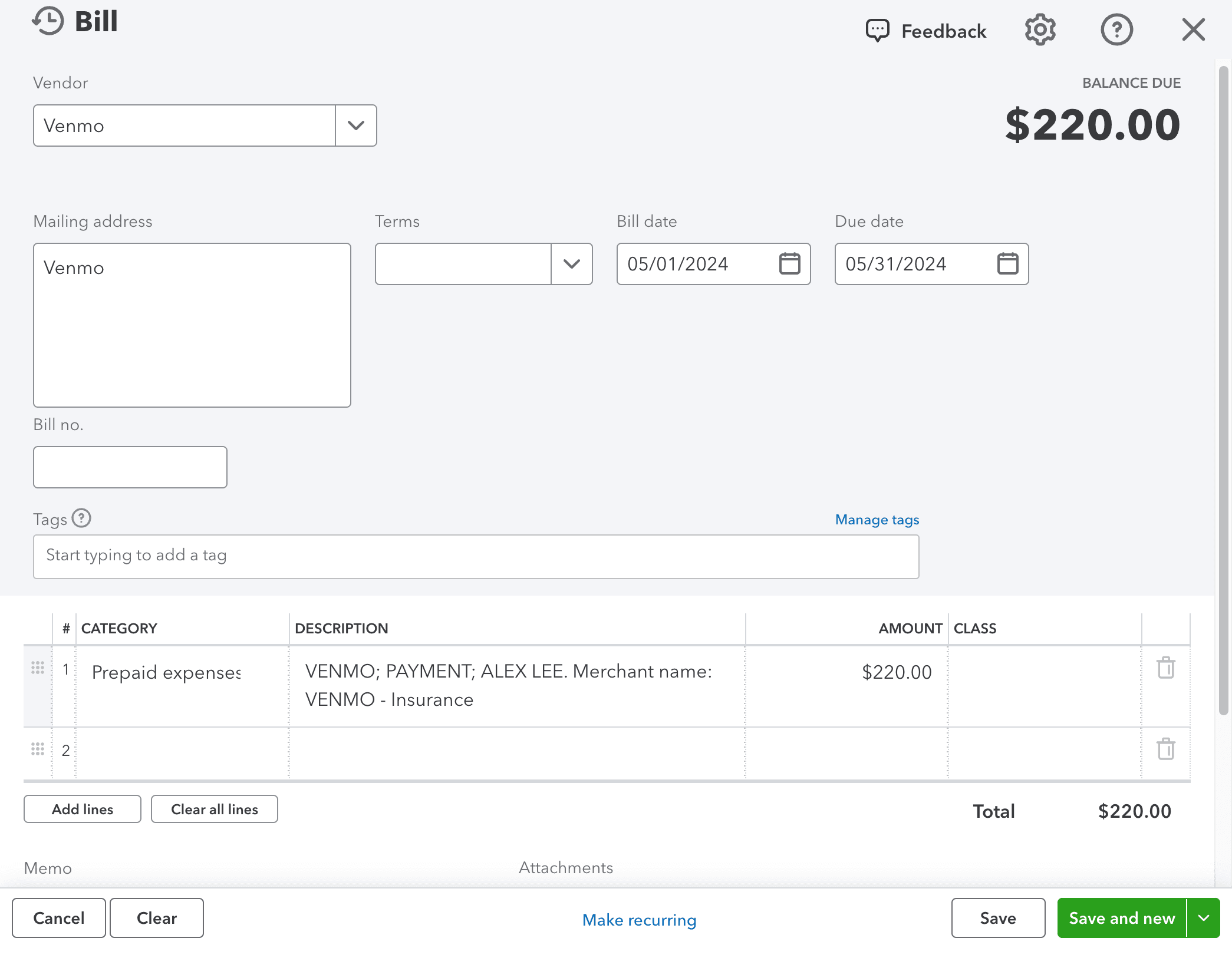 Screenshot showing Fill in the bill details