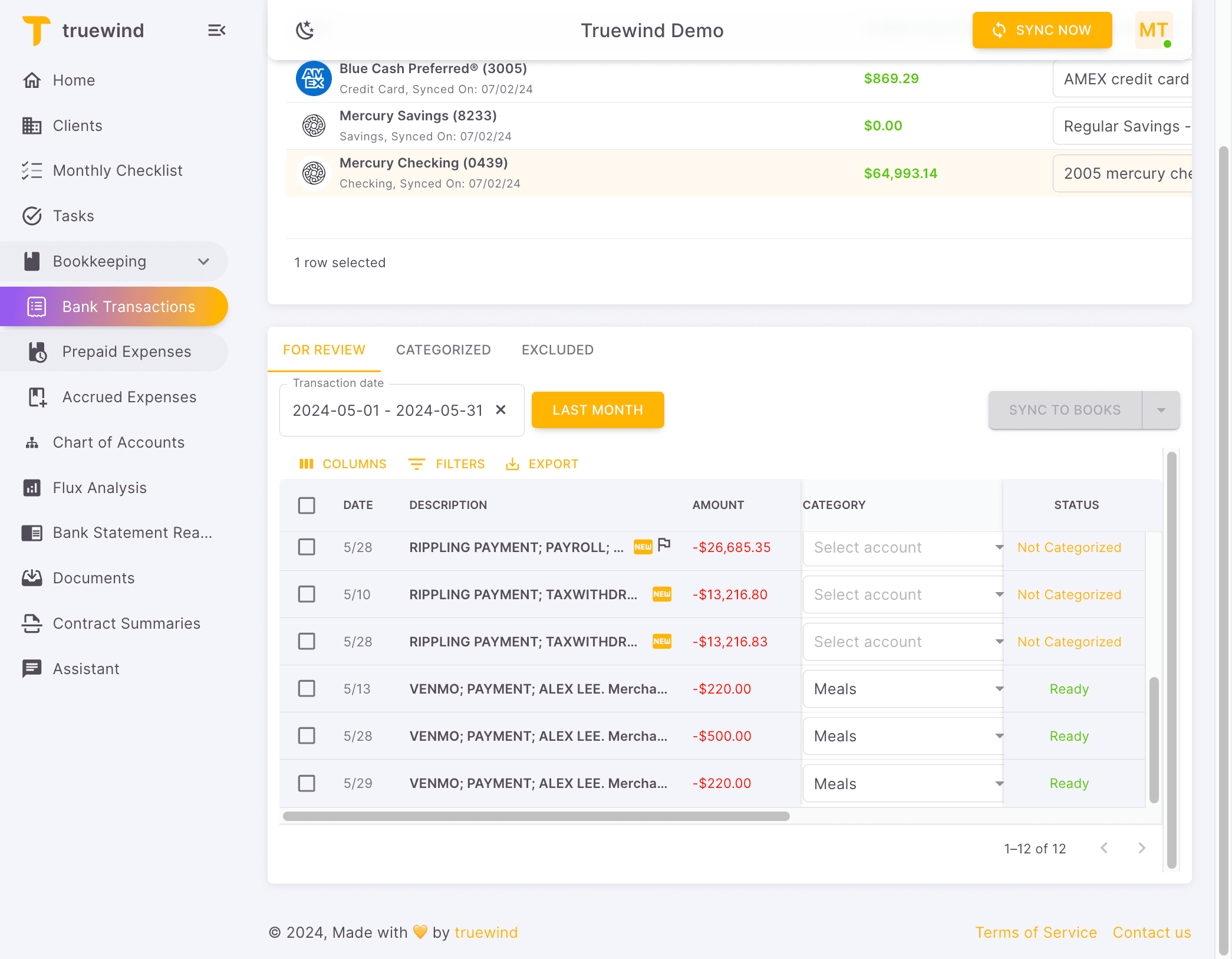 Screenshot showing Open Truewind and then Prepaid Expenses