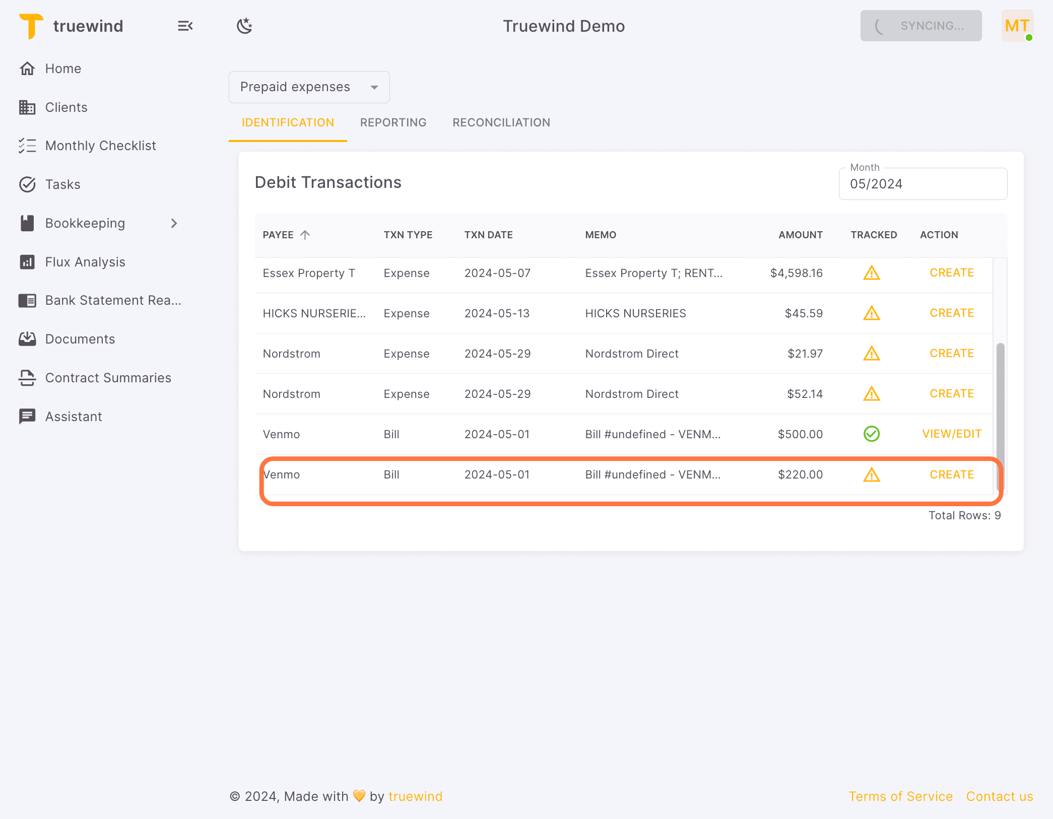 Screenshot showing Truewind identified the new Prepaid Expenses Venmo in IDENTIFICATION