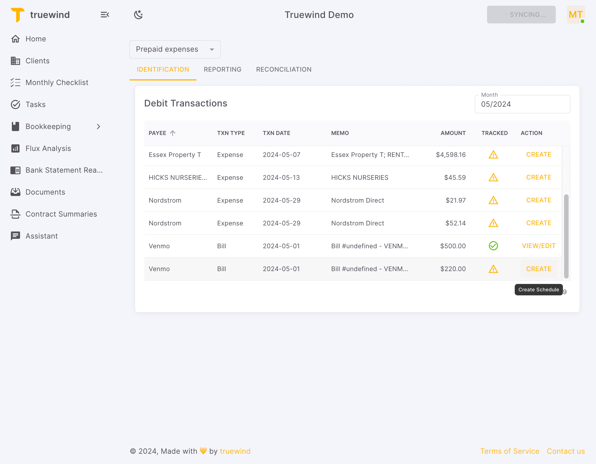 Screenshot showing Then, it's ready to create Prepaid Schedule for Venmo. Click on CREATE