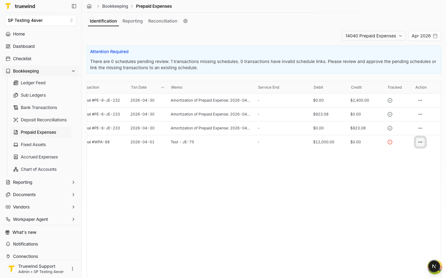 Identification table showing tracked and untracked prepaid expense transactions