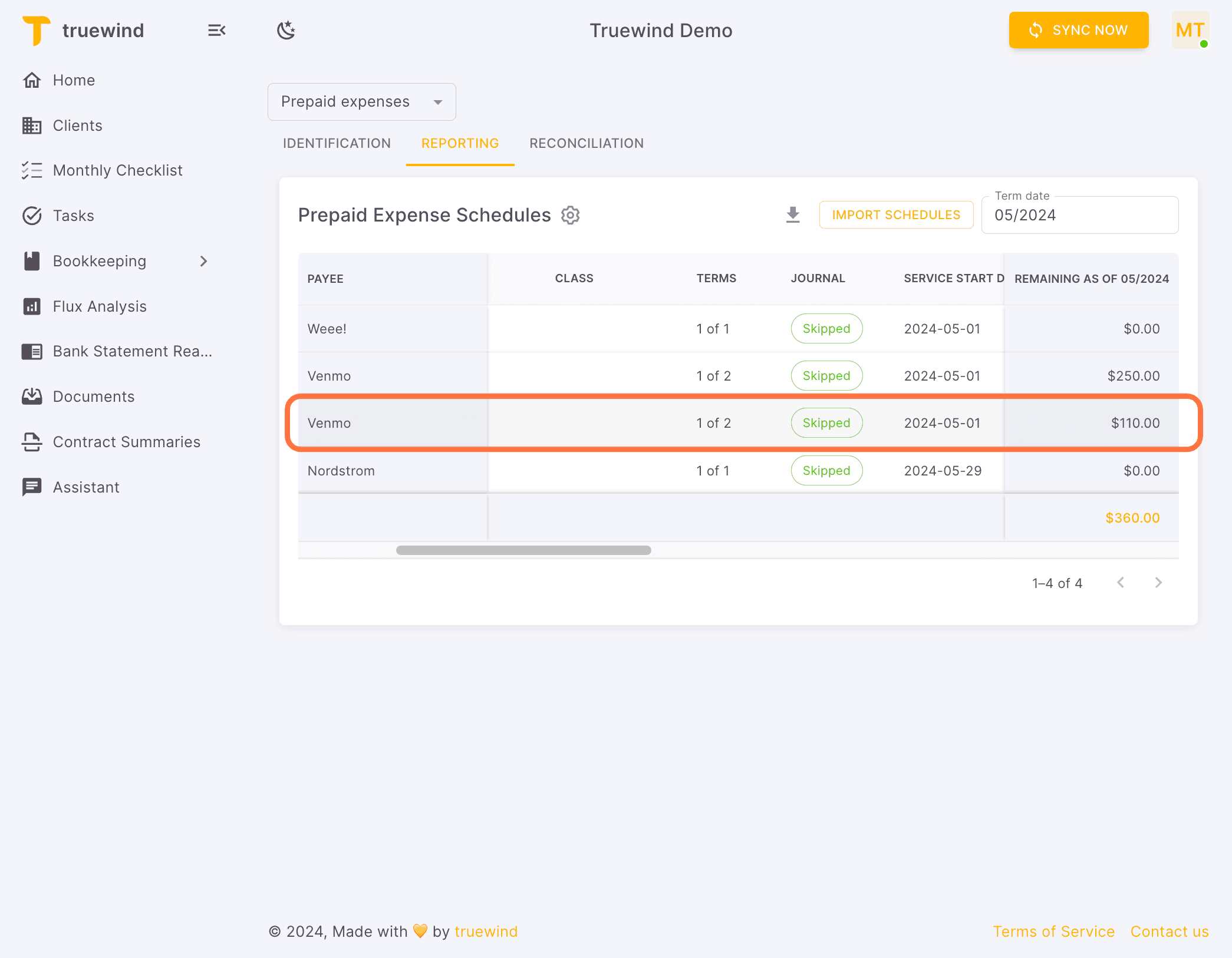 Screenshot showing The Prepaid Expense schedule for Venmo ready to post to QBO