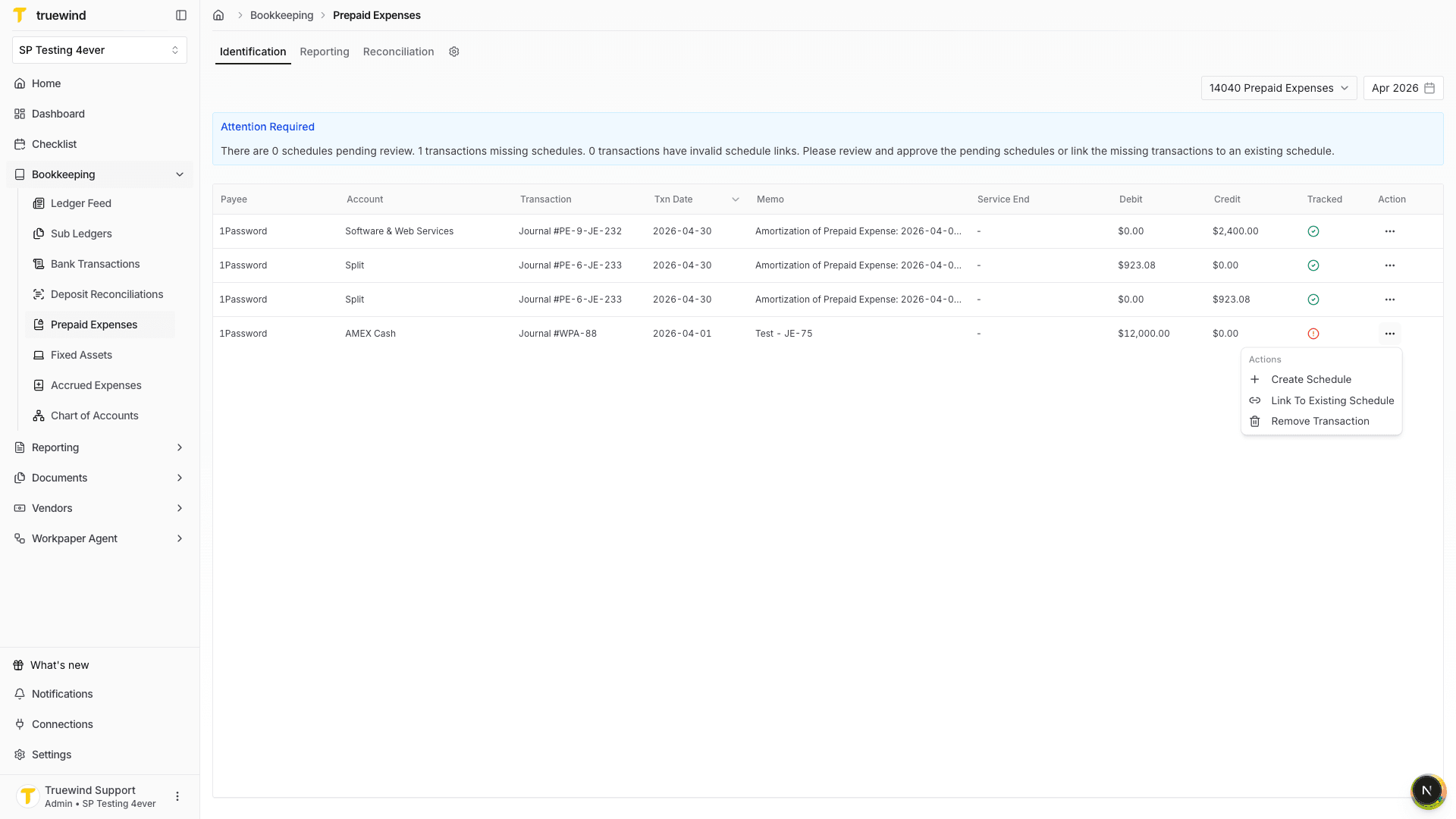 Screenshot showing the Create Schedule action for an untracked transaction