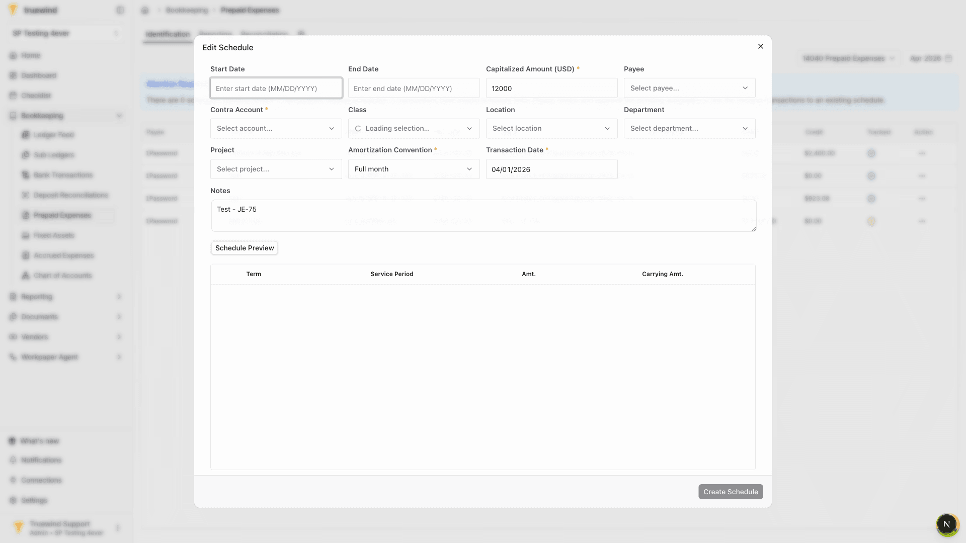 Screenshot showing the prepaid schedule form opened from Identification