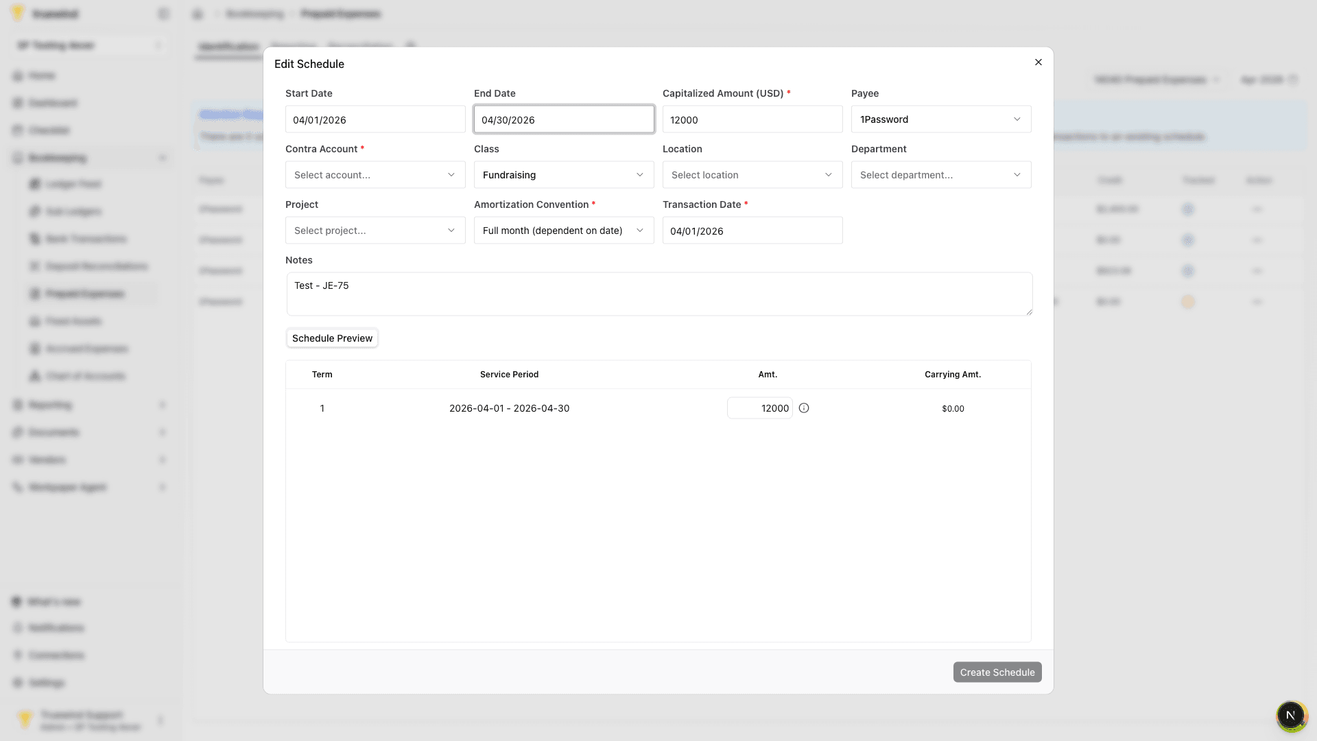 Screenshot showing service period dates entered in the schedule form