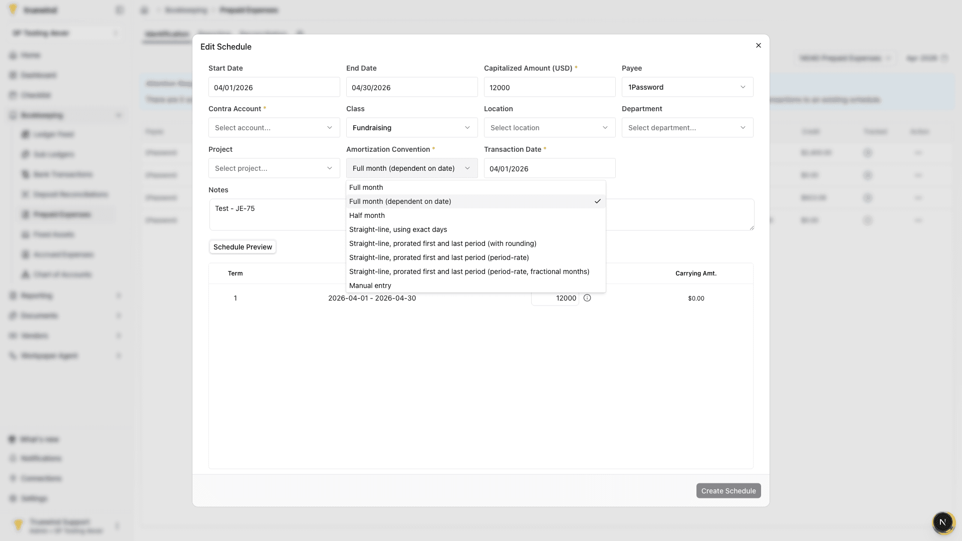 Screenshot showing amortization convention options in the schedule form
