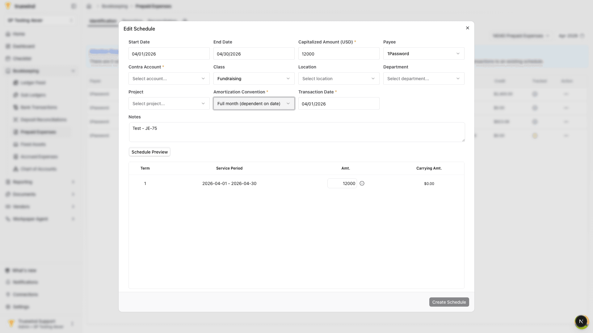 Screenshot showing the Create Schedule button in the schedule form
