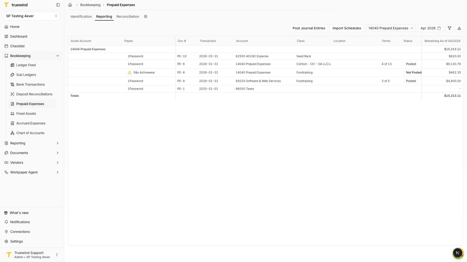 Screenshot showing the Prepaid Expenses Reporting tab