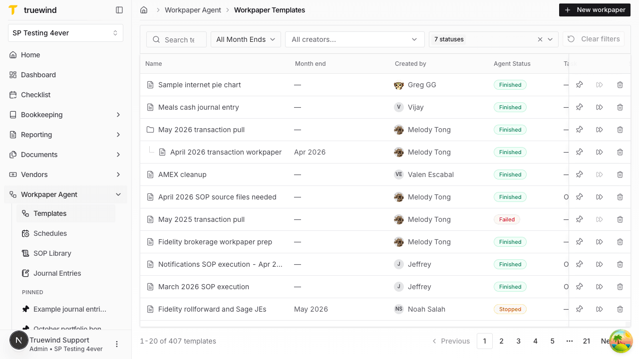 Screenshot showing the Workpaper Templates page with the New workpaper button available in Workpaper Agent.