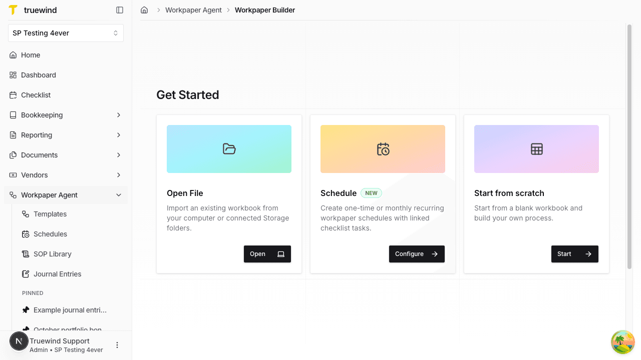 Screenshot showing the New workpaper start flow with the Schedule option available alongside the other entry points.