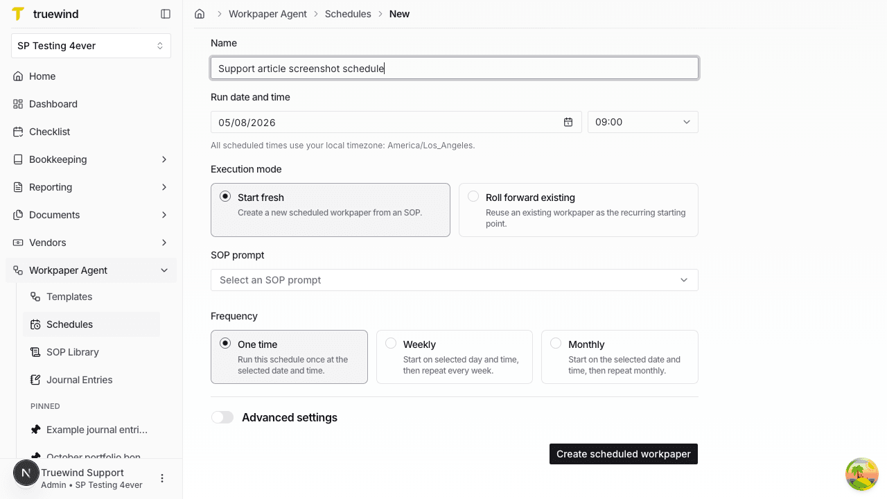 Screenshot showing the scheduled workpaper form with the Name field ready to be filled in.