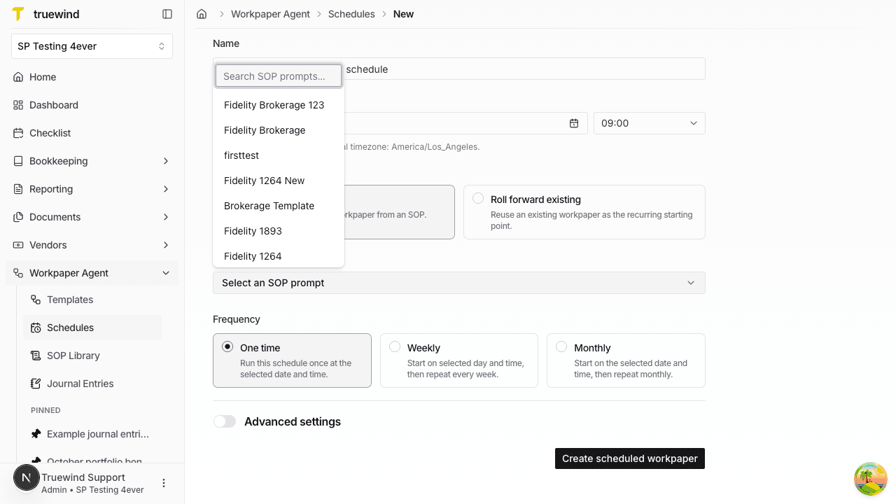 Screenshot showing the source selector for the scheduled workpaper setup with the SOP prompt menu open.