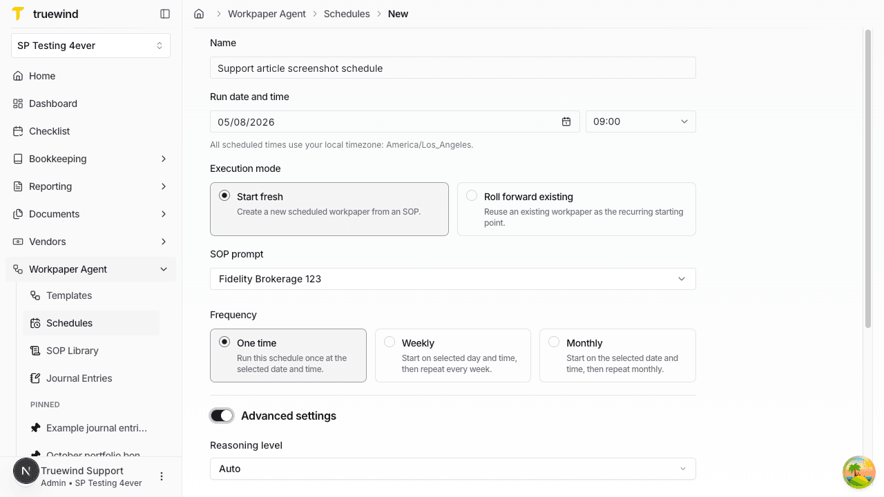 Screenshot showing the Advanced settings section with additional schedule controls expanded.