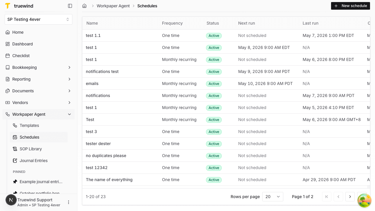Screenshot showing the Schedules list in Workpaper Agent with schedule rows, status, and next-run information.