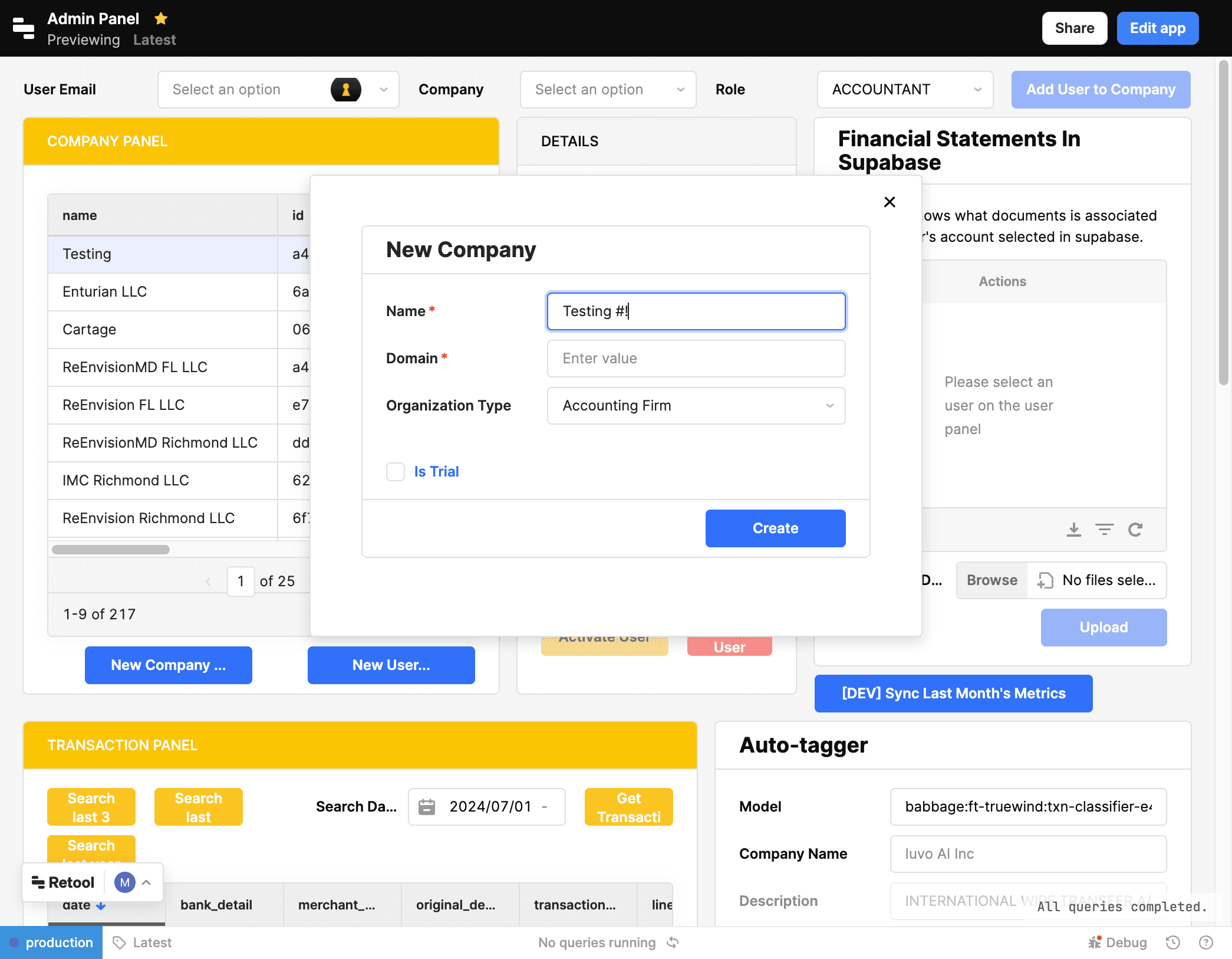 Screenshot showing Enter company name