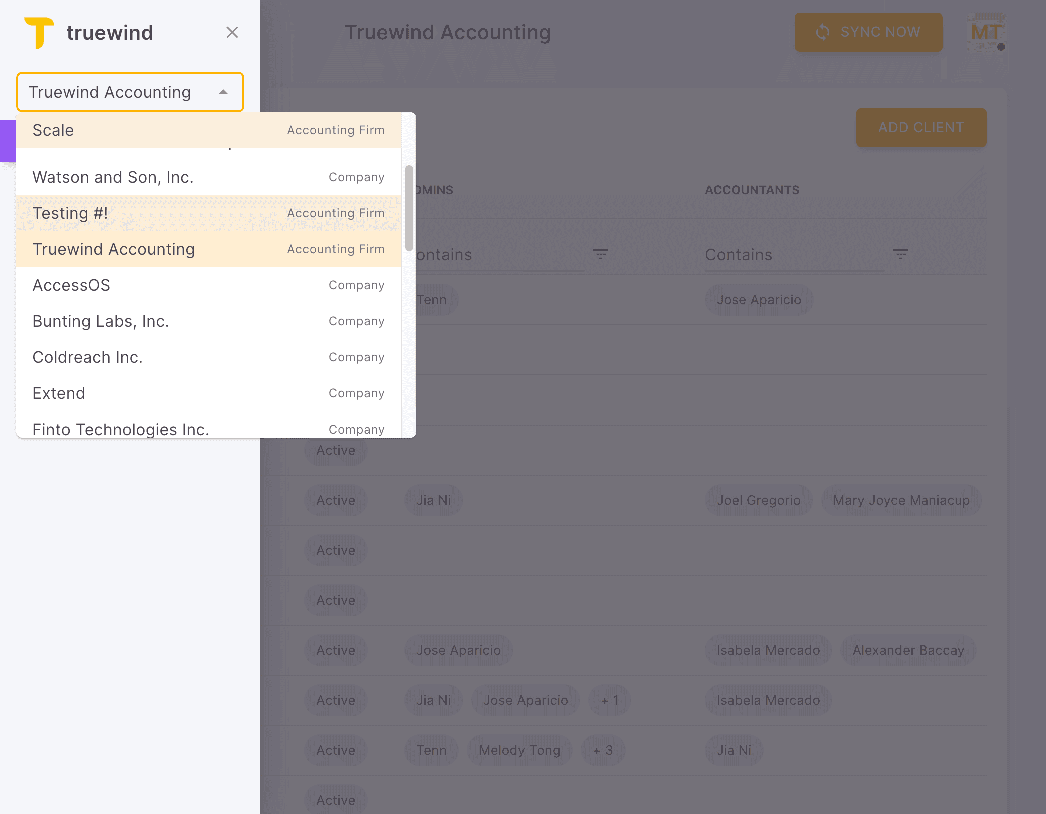 Screenshot showing Select Accounting Firm "Testing#!"