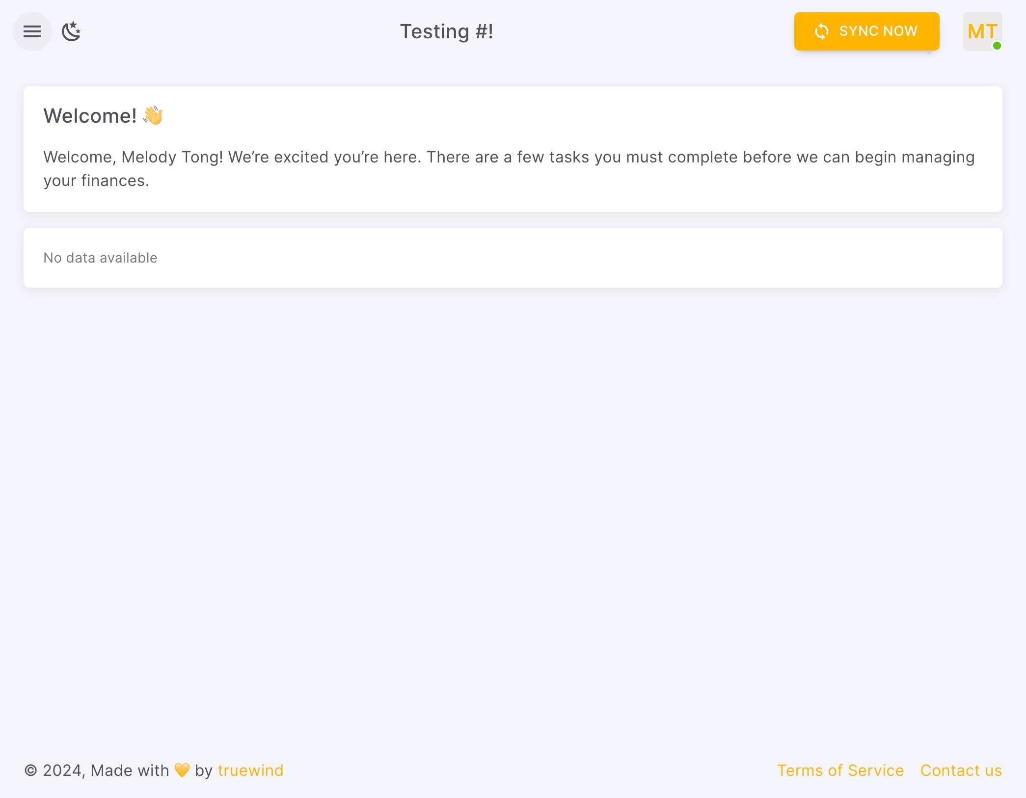 Screenshot showing Here's the main page of Accounting Firm "Testing#!". Click on side menu