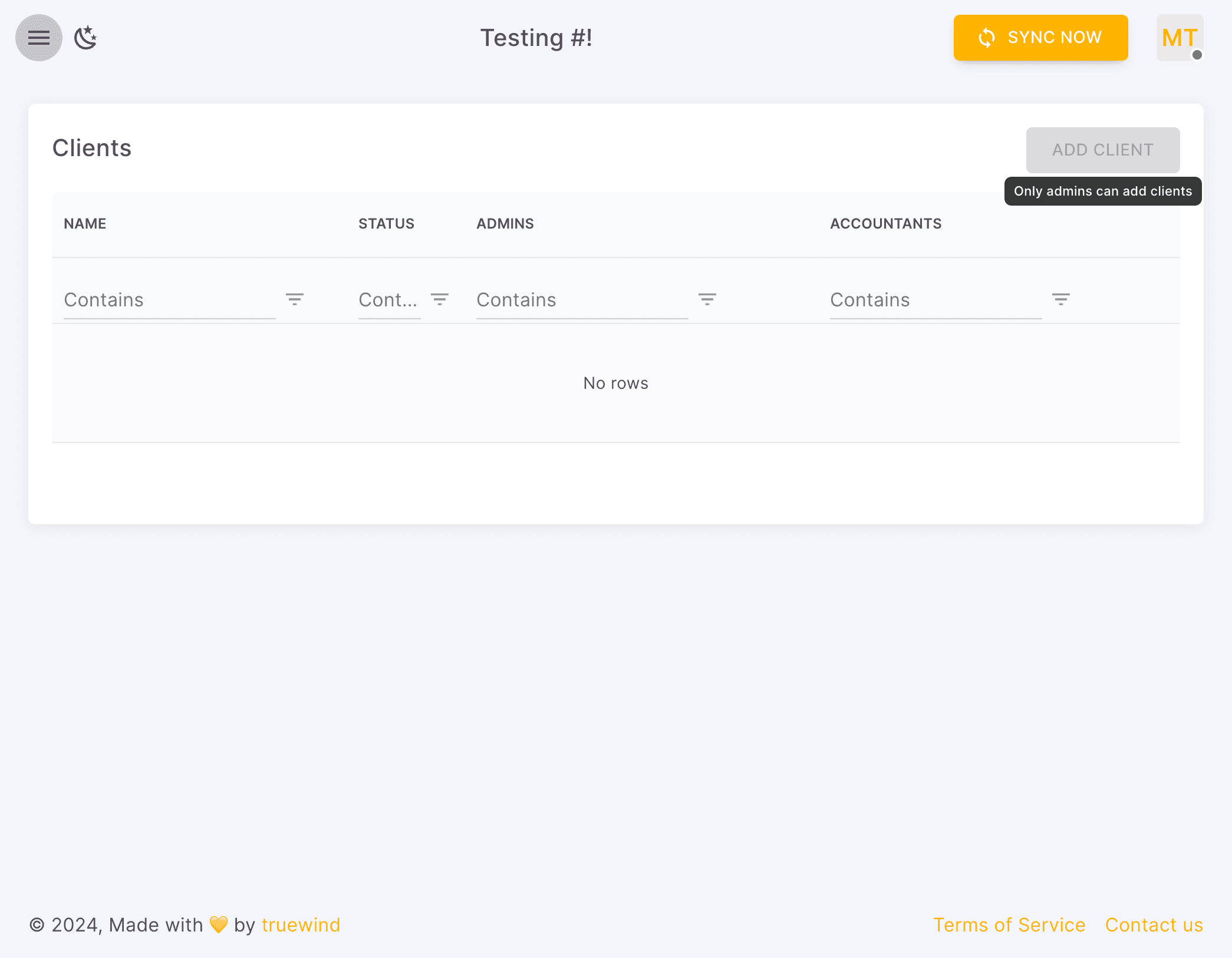Screenshot showing Click ADD CLIENT. * Note: only admin can add clients