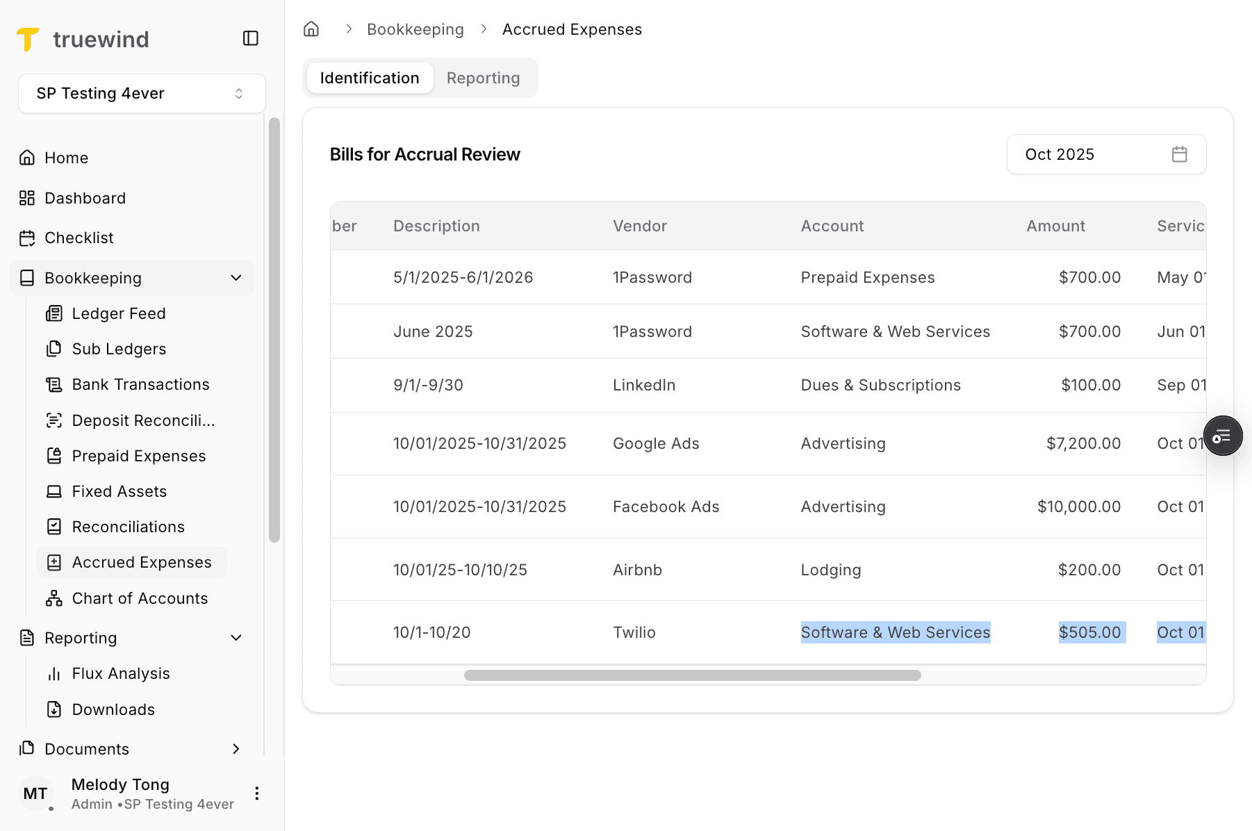 Screenshot showing Bookkeeping in the Truewind navigation