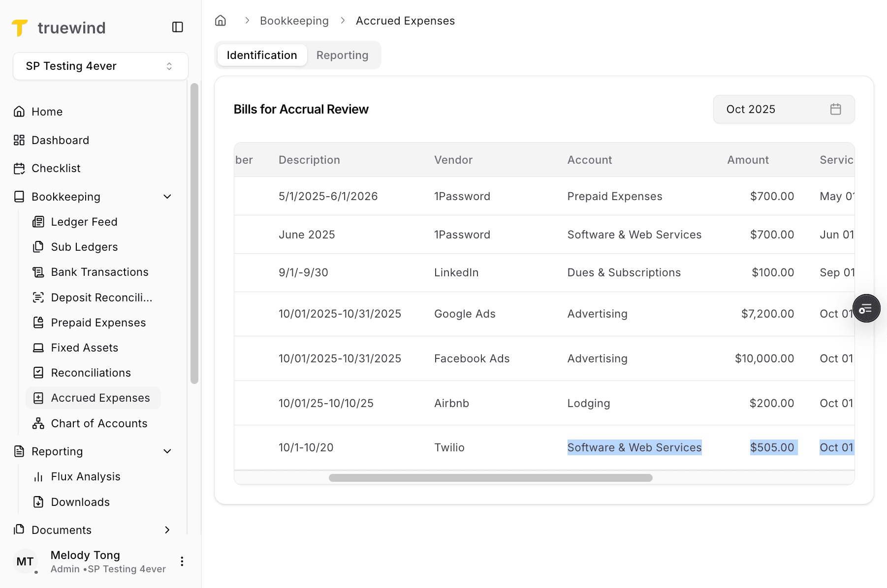 Screenshot showing the month selector in Accrued Expenses