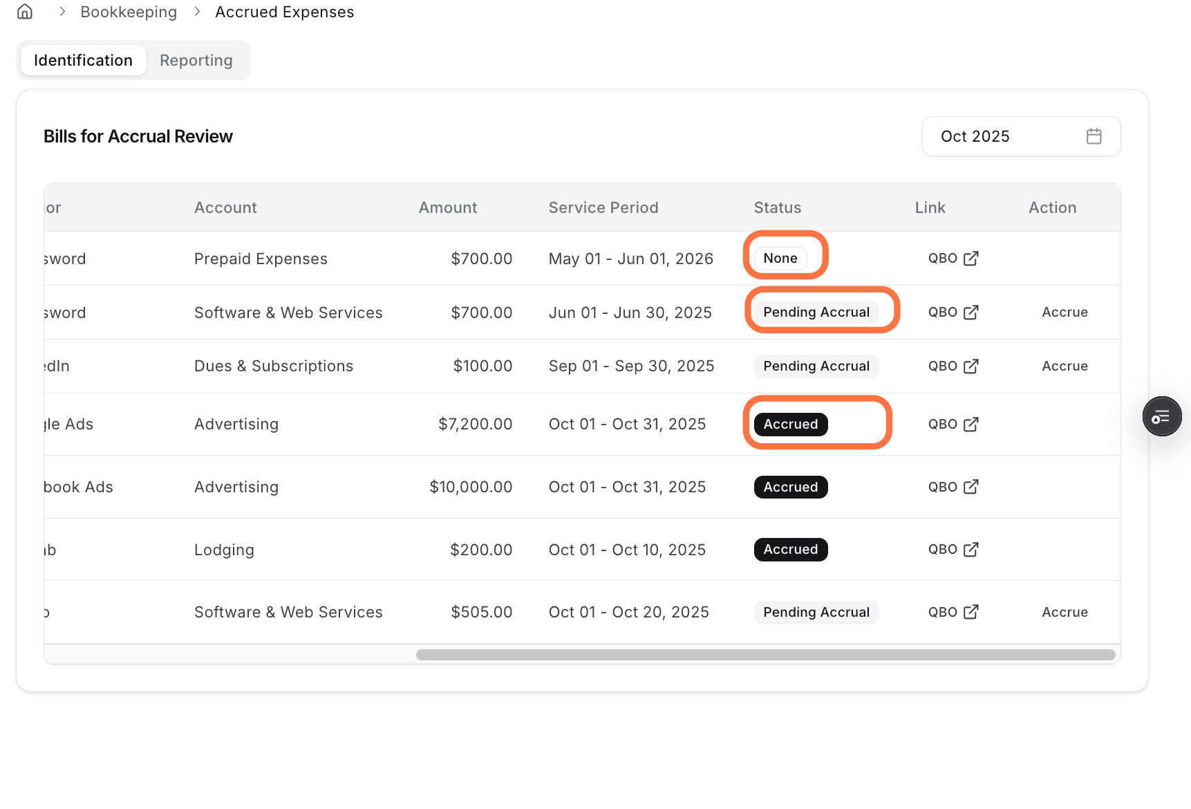 Screenshot showing the Status column in Accrued Expenses