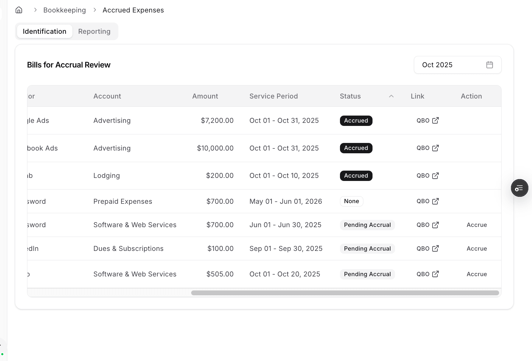 Screenshot showing the ERP Link column in Accrued Expenses