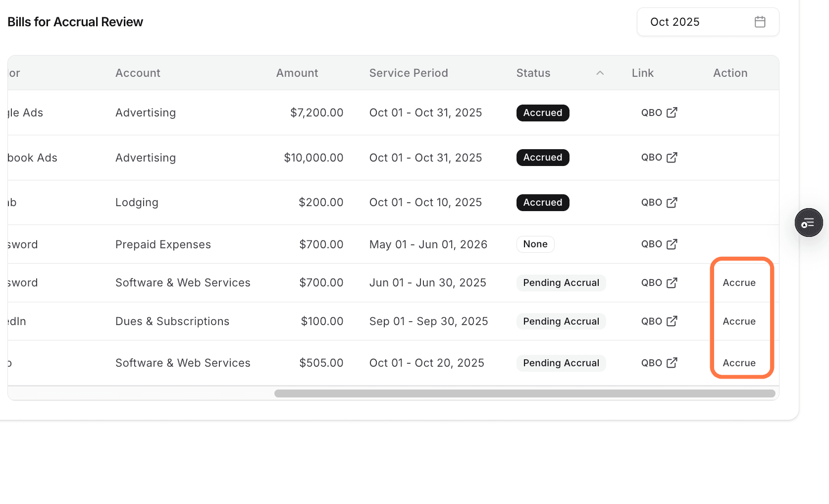Screenshot showing the Action column in Accrued Expenses