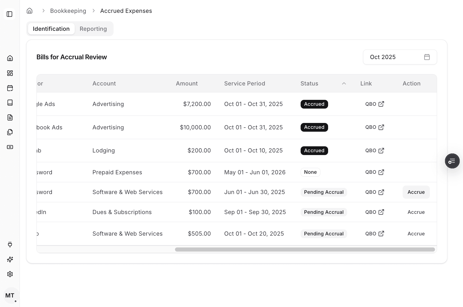 Screenshot showing the Accrue action in Accrued Expenses