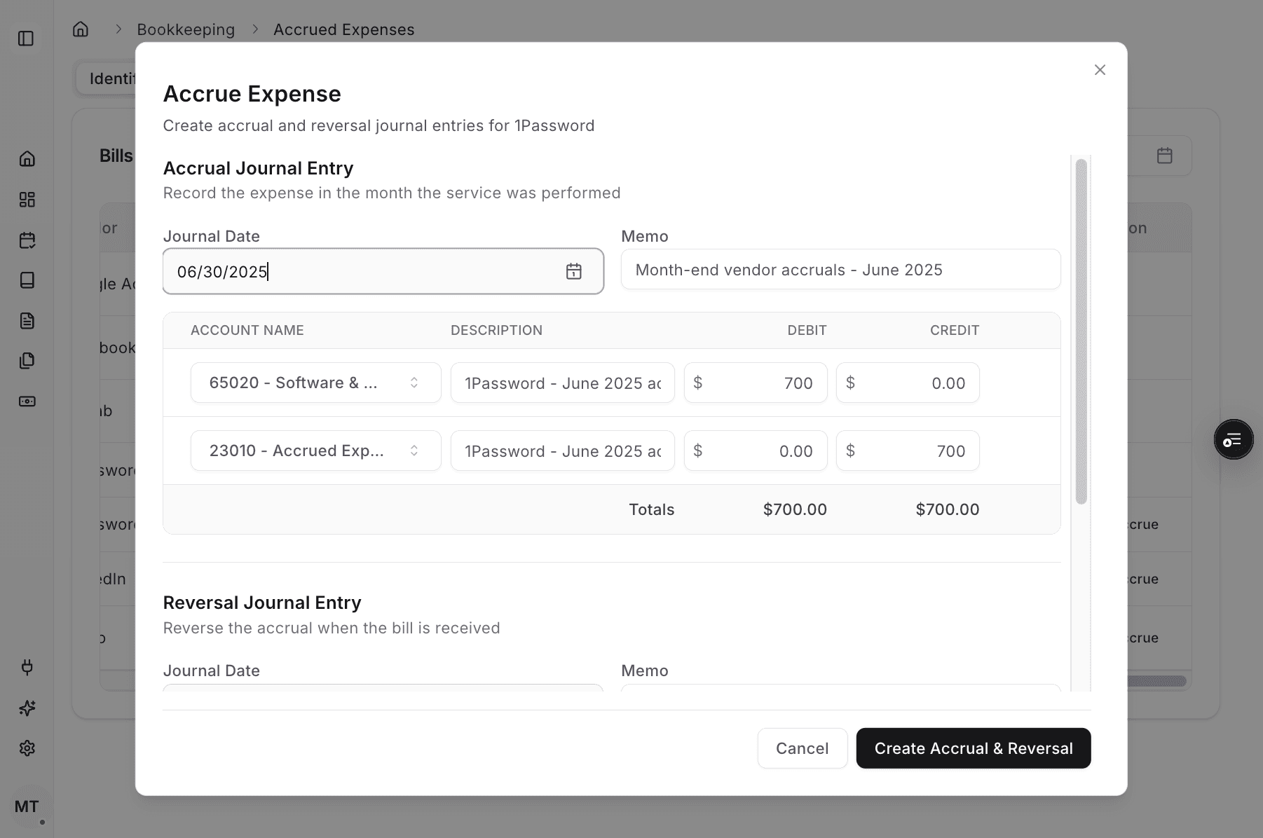 Screenshot showing the drafted accrual Journal Entry