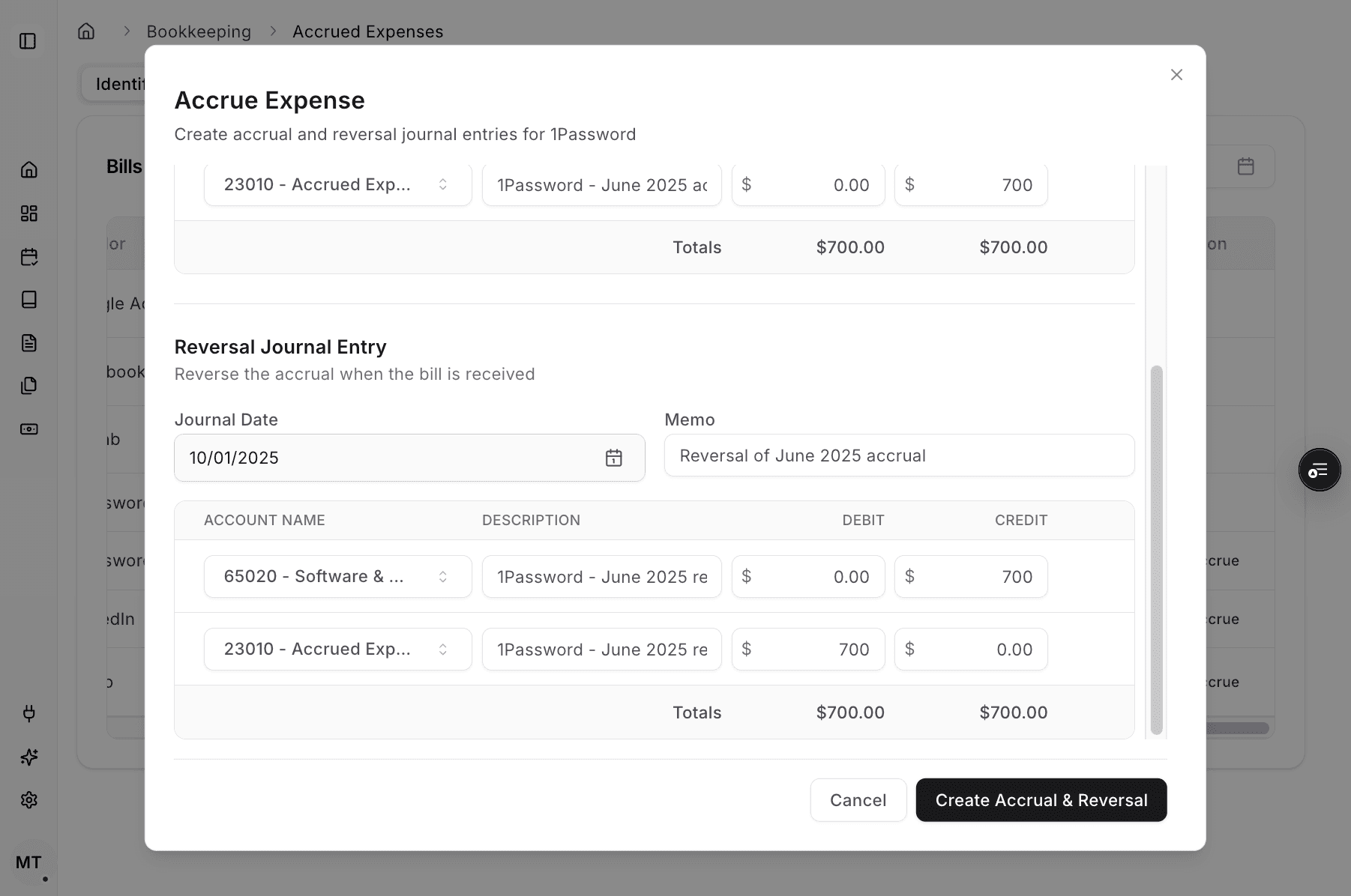 Screenshot showing the drafted reversal Journal Entry
