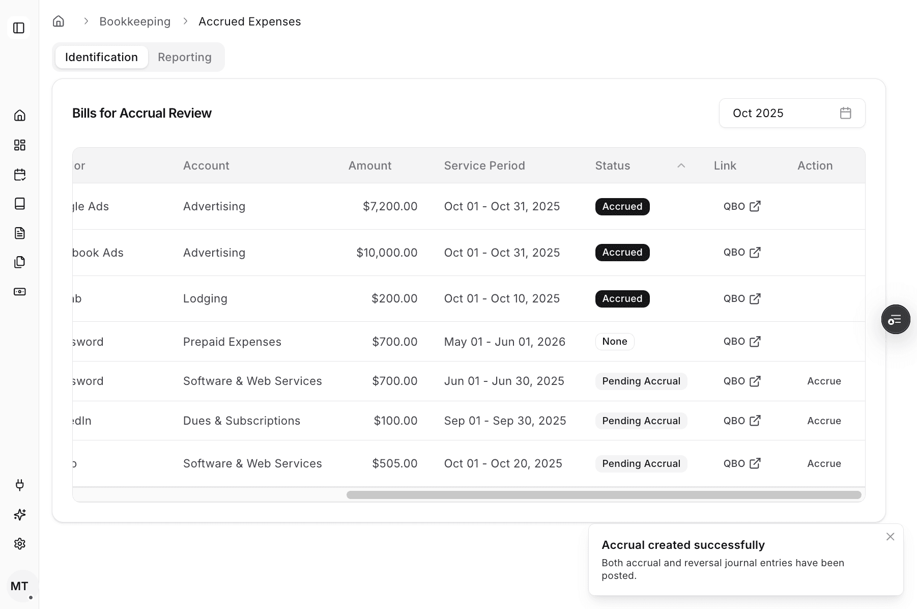 Screenshot showing the accrual created successfully message