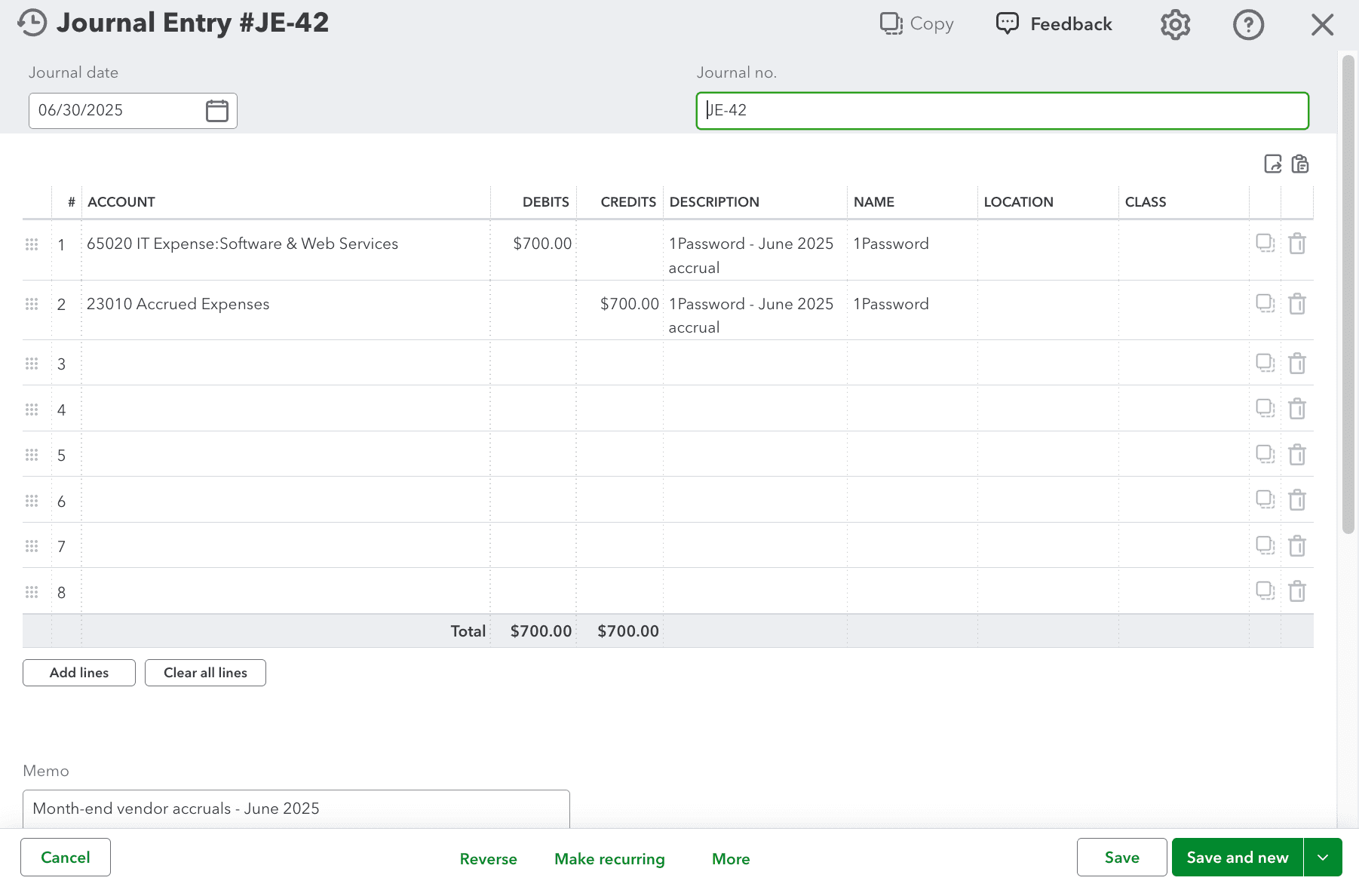 Screenshot showing the posted accrual Journal Entry in the ERP