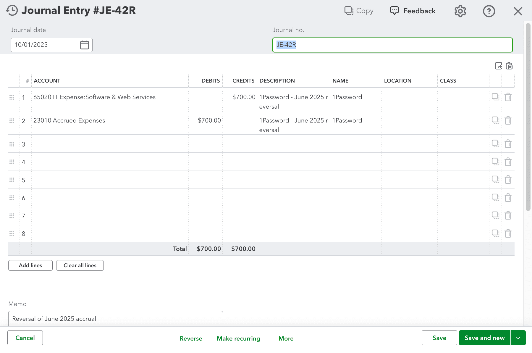 Screenshot showing the posted reversal Journal Entry in the ERP