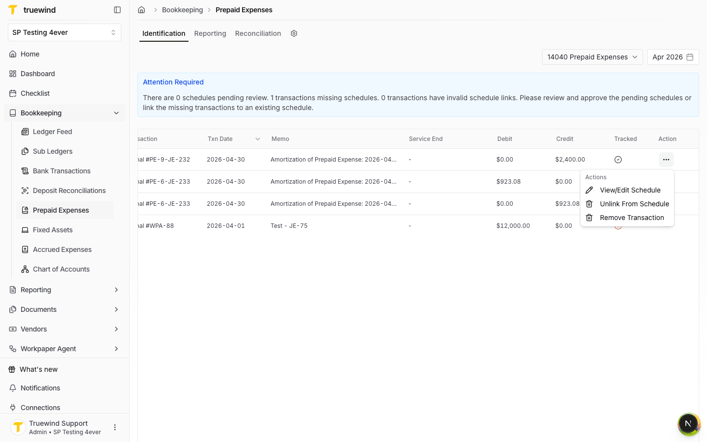 Row action menu opened for a tracked prepaid amortization transaction
