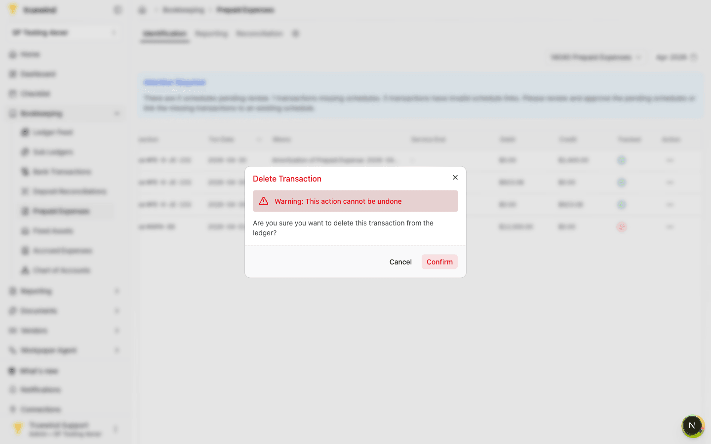 Delete Transaction confirmation dialog opened after choosing Remove Transaction
