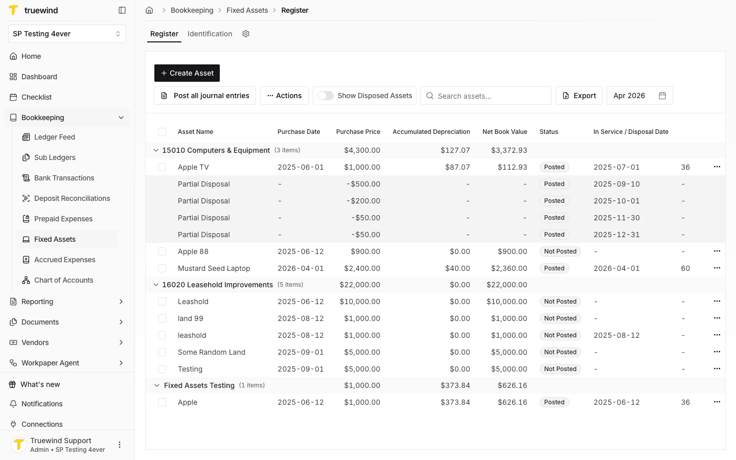 Posted fixed asset row with status and row actions visible.