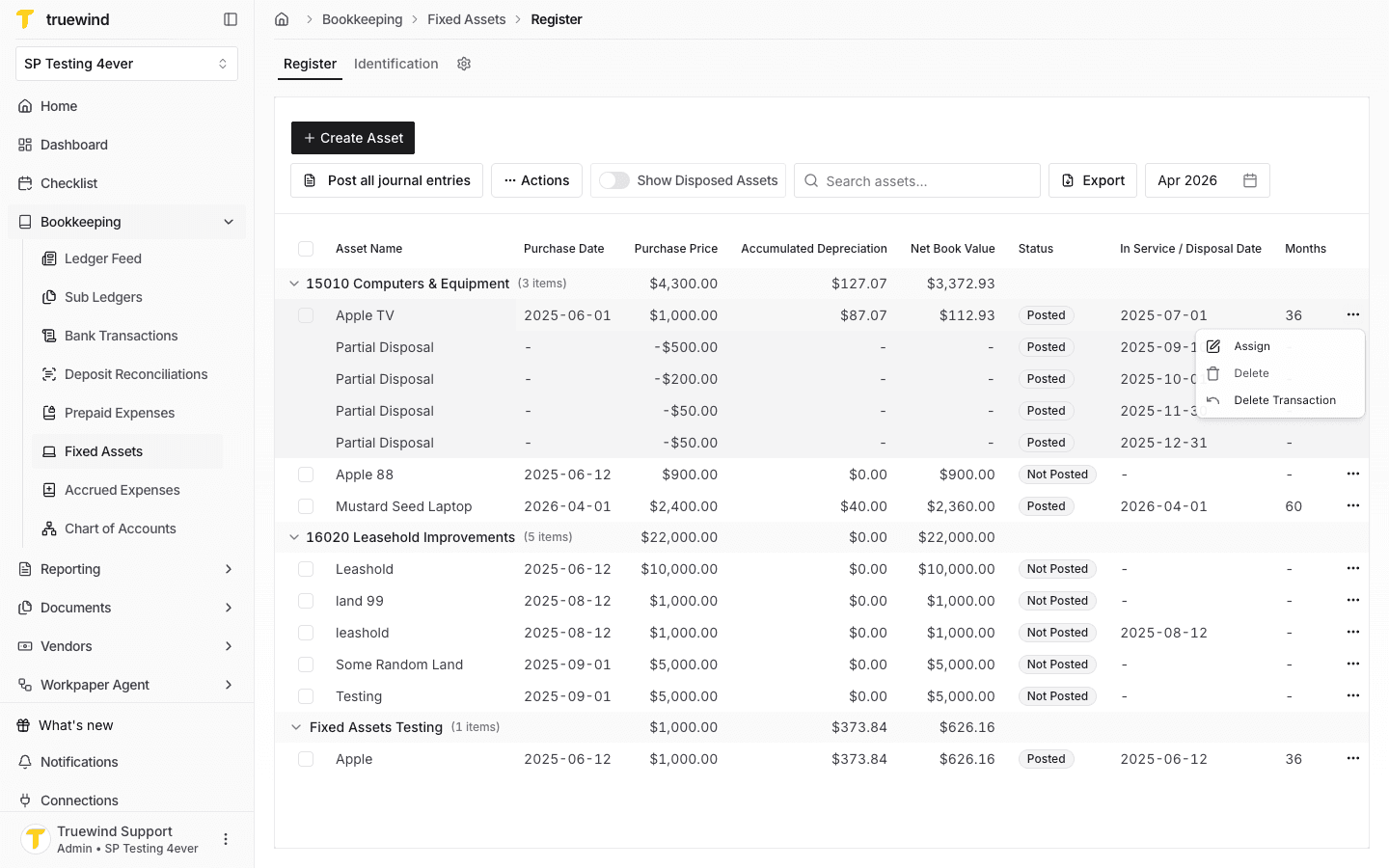 Posted fixed asset row menu with Delete Transaction available.
