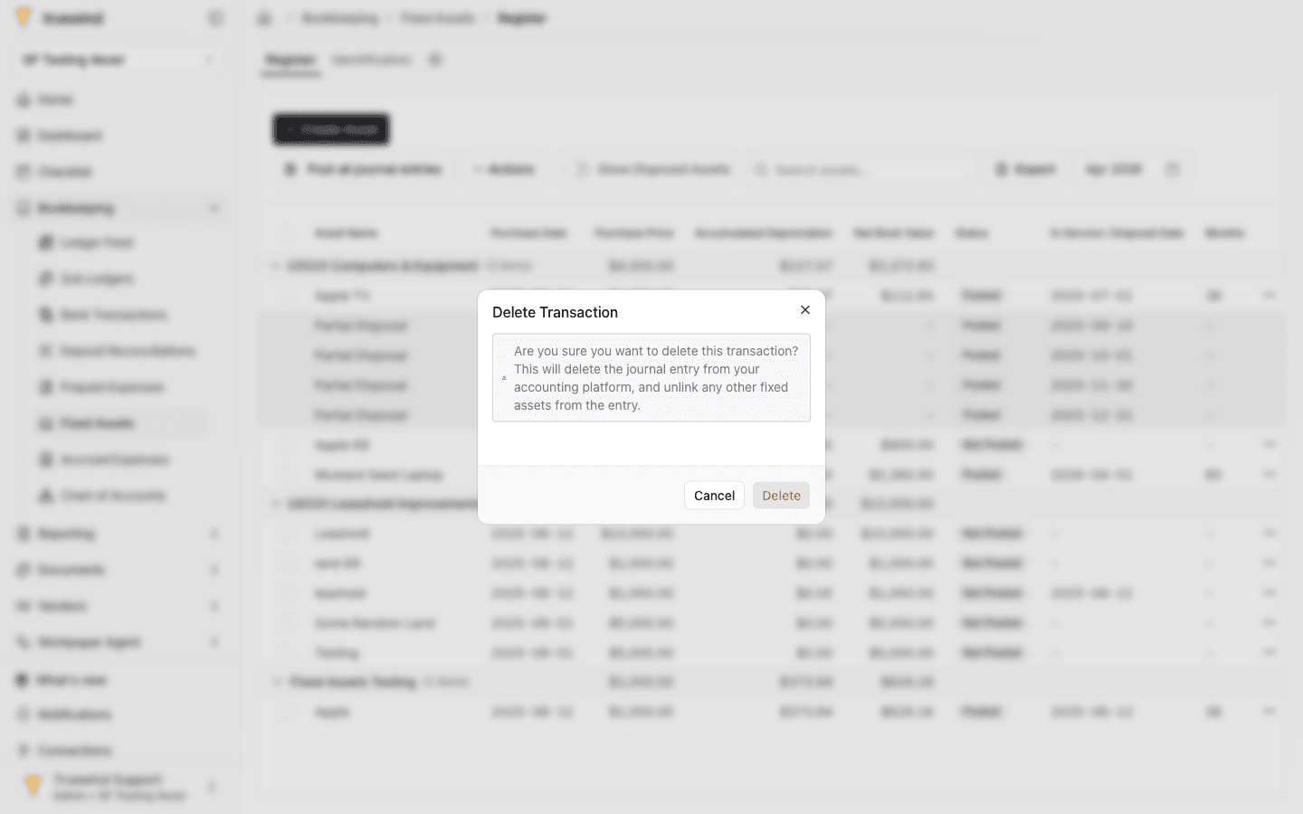 Delete Transaction dialog with confirmation controls.