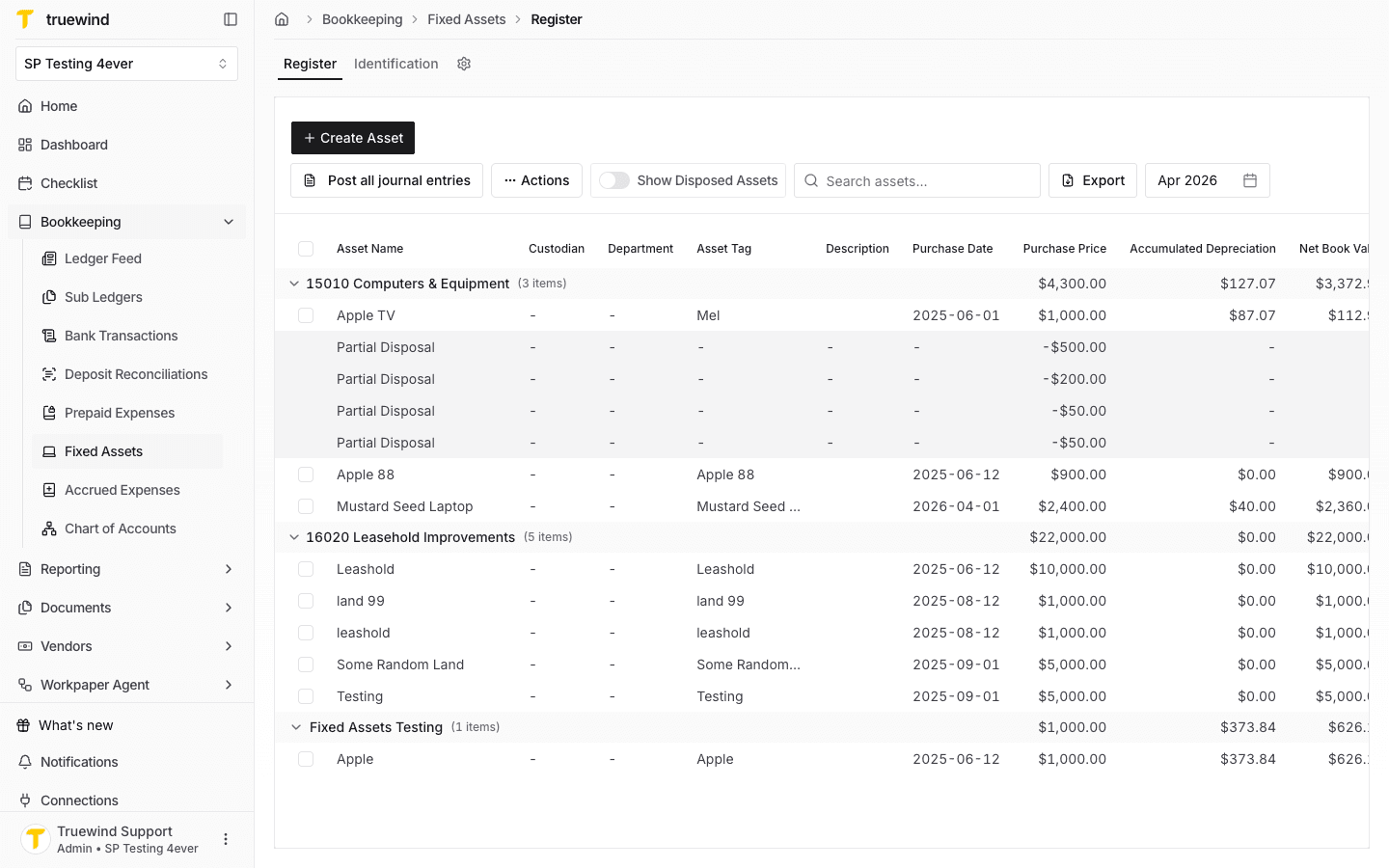 Fixed Assets register showing posted rows that may share a bulk-posted journal entry.