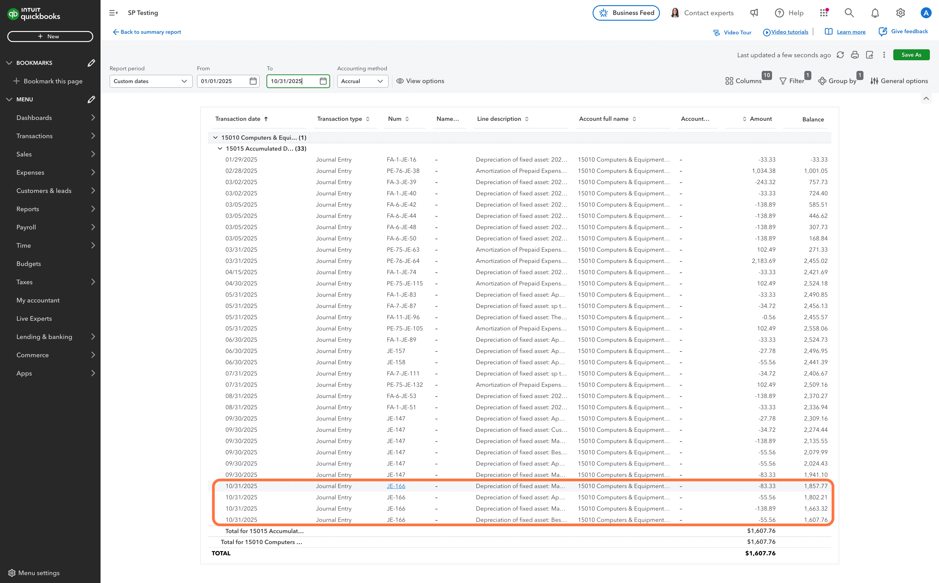 QuickBooks report with the posted depreciation journal entry link selected.