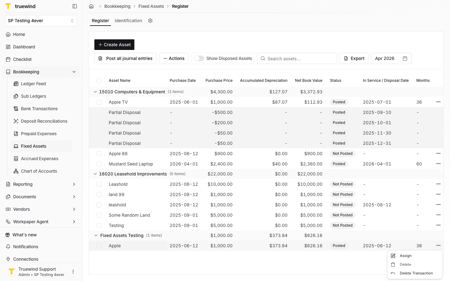 Bulk-posted asset row menu with Delete Transaction available.
