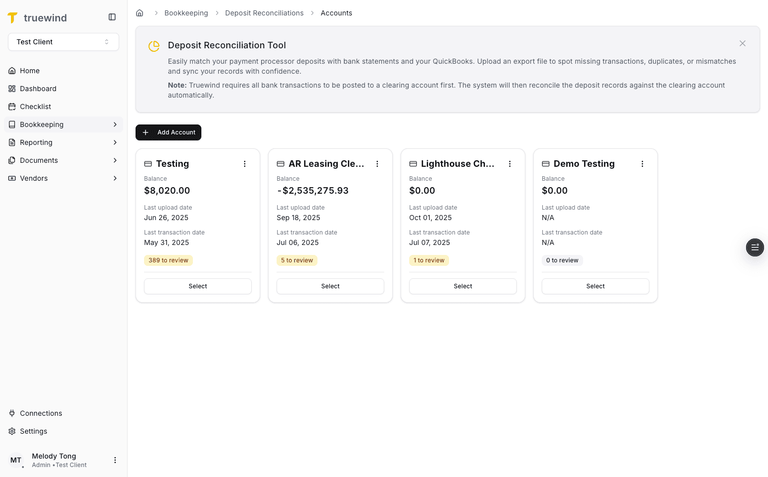 Screenshot showing Bookkeeping in the Truewind navigation