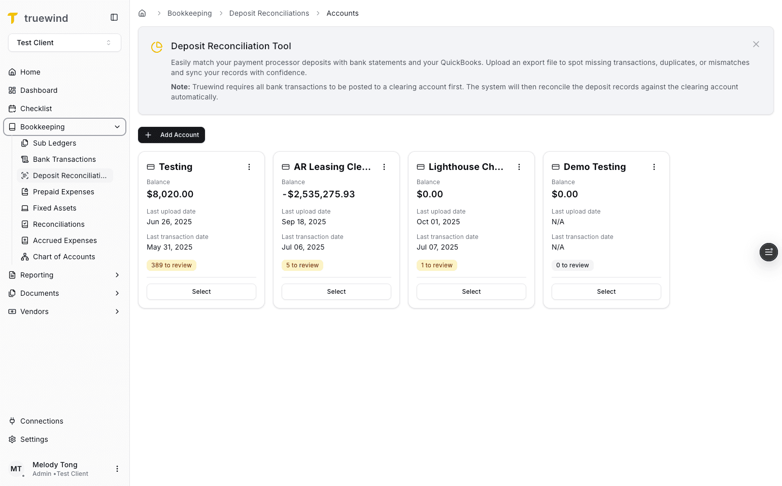 Screenshot showing Deposit Reconciliations in the Truewind navigation