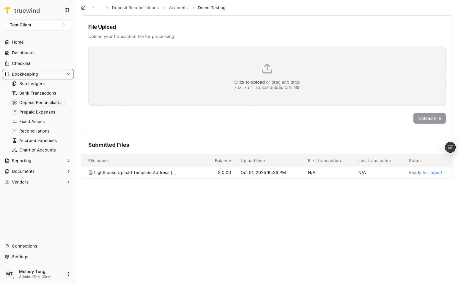 Screenshot showing the deposit file upload area