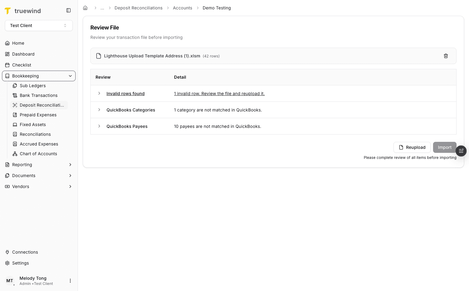 Screenshot showing import issues in Deposit Reconciliation