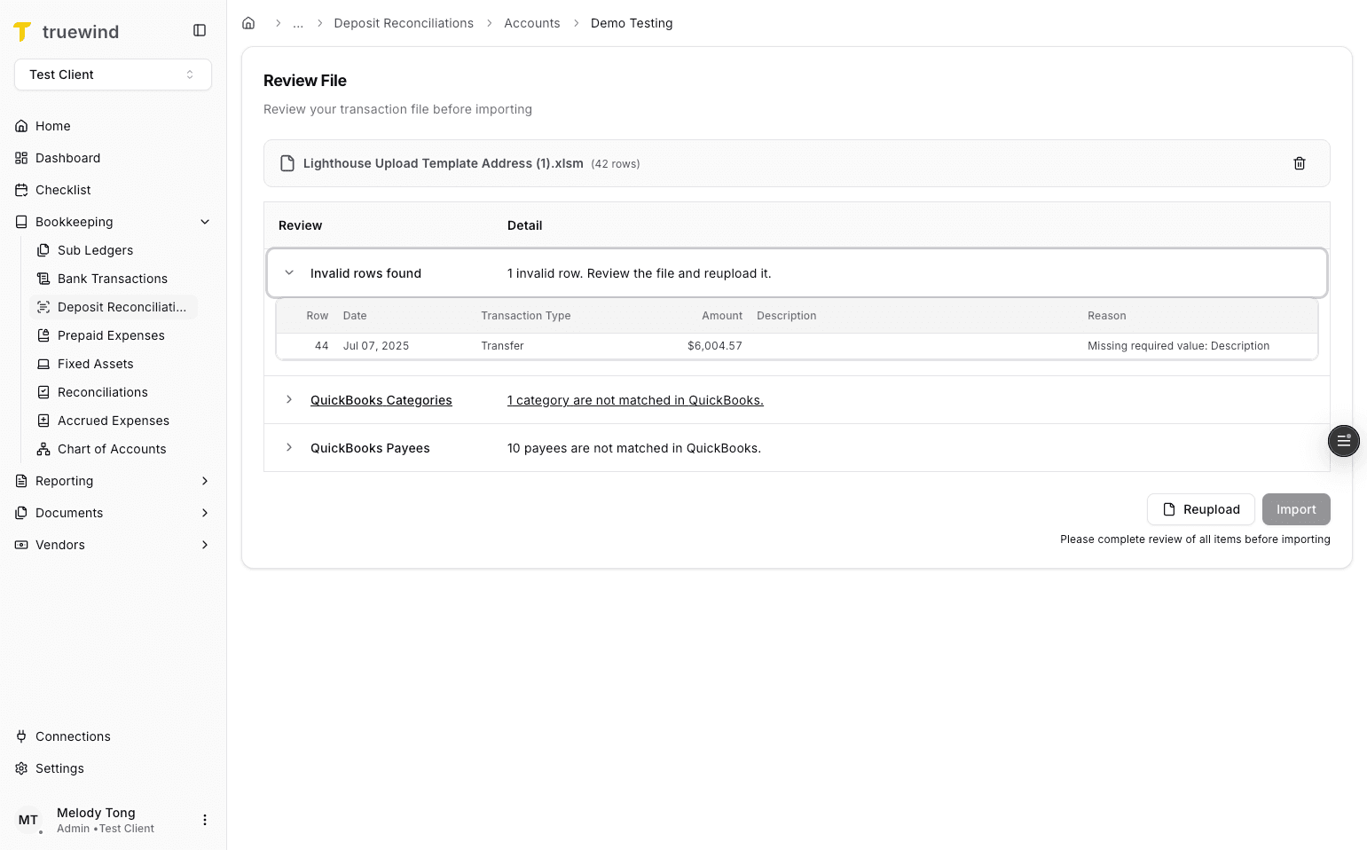 Screenshot showing category exceptions in Deposit Reconciliation