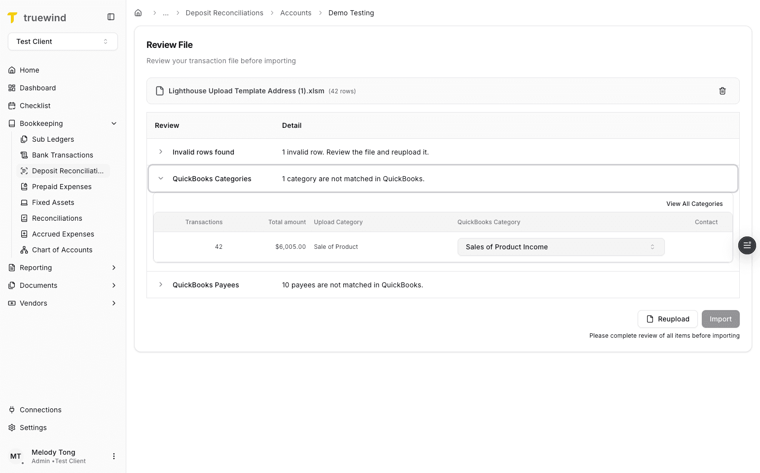Screenshot showing manual category mapping in Deposit Reconciliation